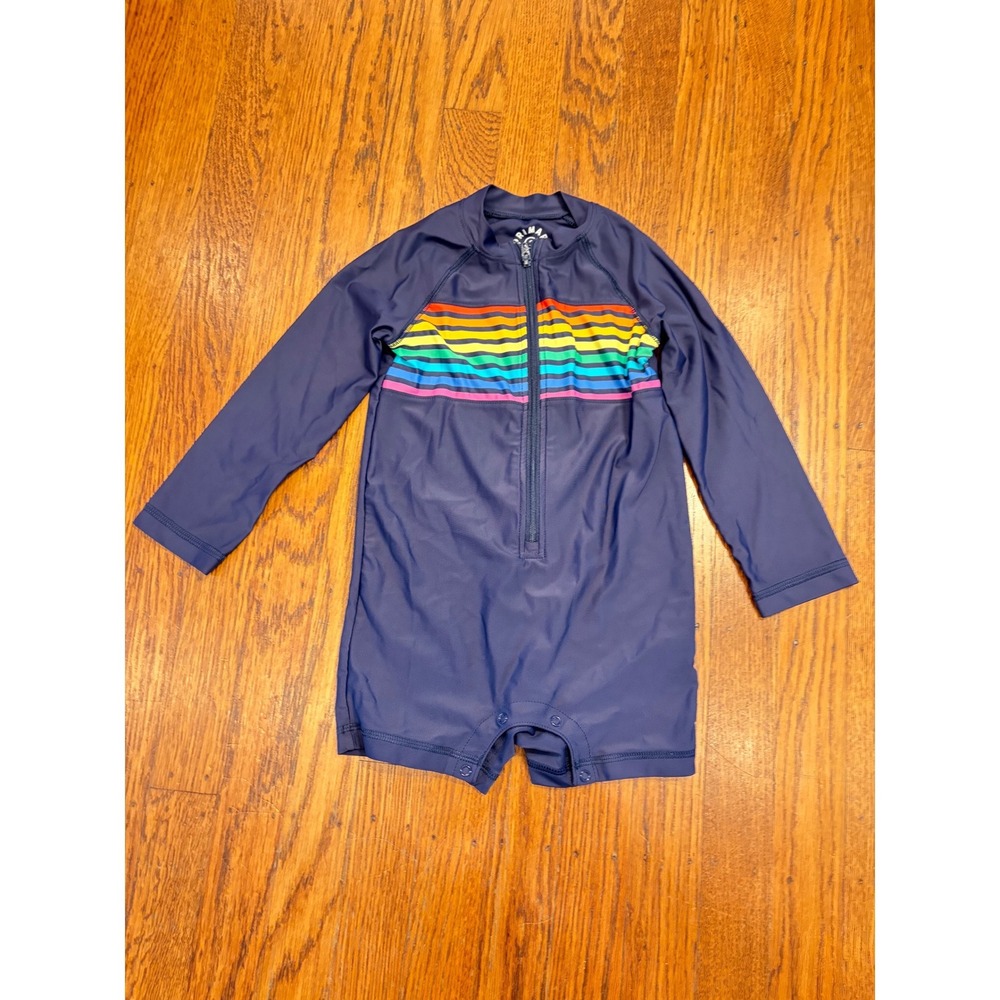 Primary Kids Rainbow Stripe Long Sleeve Rash Guard Romper Navy Blue Size 2